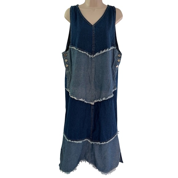 Jazzie Dresses & Skirts - Jazzie Denim Patchwork Midi Dress Womens Medium Blue Frayed Tiered Sleeveless